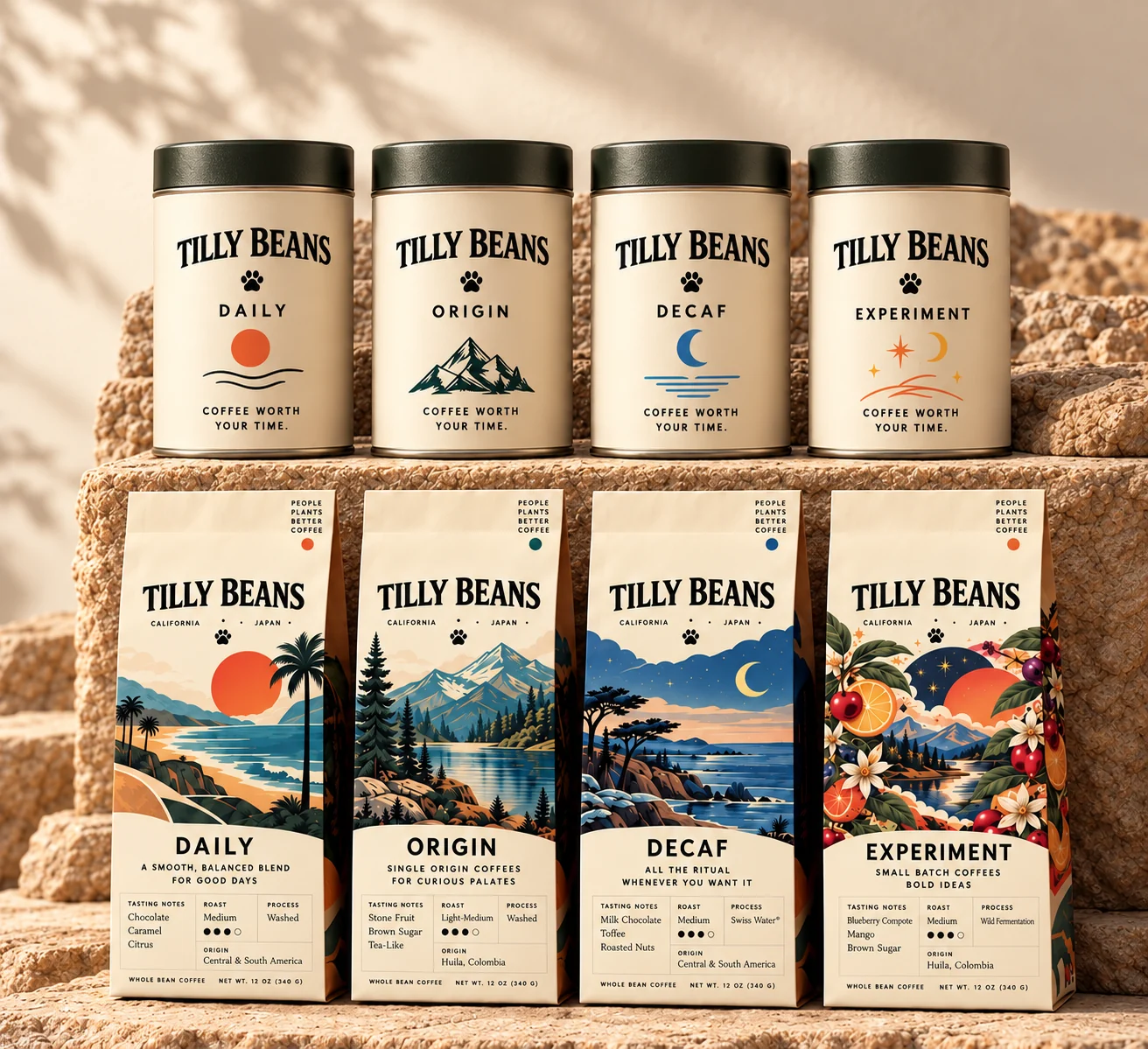 The approved Tilly Beans packaging concept: four cream tins with green lids and four illustrated bags for Daily, Origin, Decaf, and Experiment.